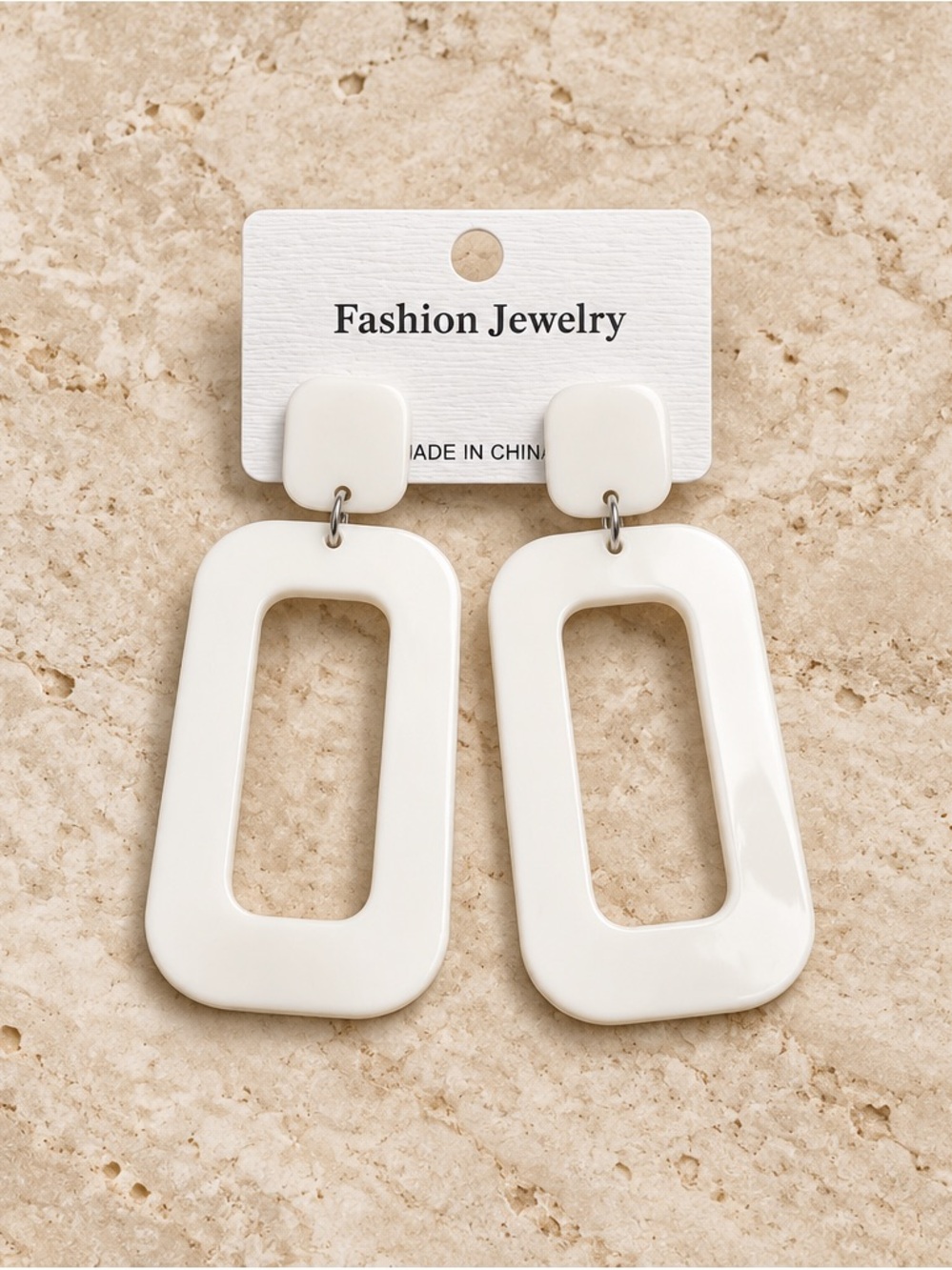 Fashion Jewelry Cream Rectangular Open-Hoop Drop Earrings